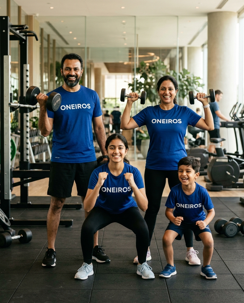 Oneiros Blue Membership — family of four training in Oneiros tees